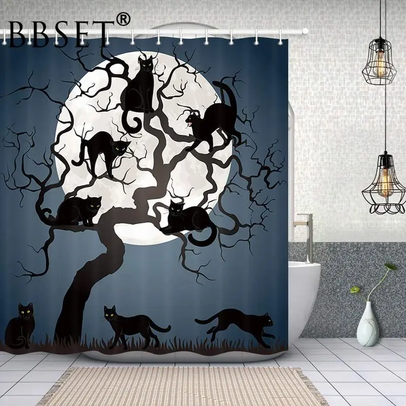 Halloween Shower Curtain Black Cats on Tree In Night with Full Moon Pattern Waterproof Multi-size Cortina De Bano Bathroom Decor | Дом и сад