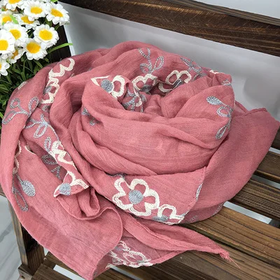 Pink Стиль, женский шарф с вышивкой, хлопок, шаль, цветочный зимний шарф мусульманский хиджаб, женские шарфы - Цвет: Pink