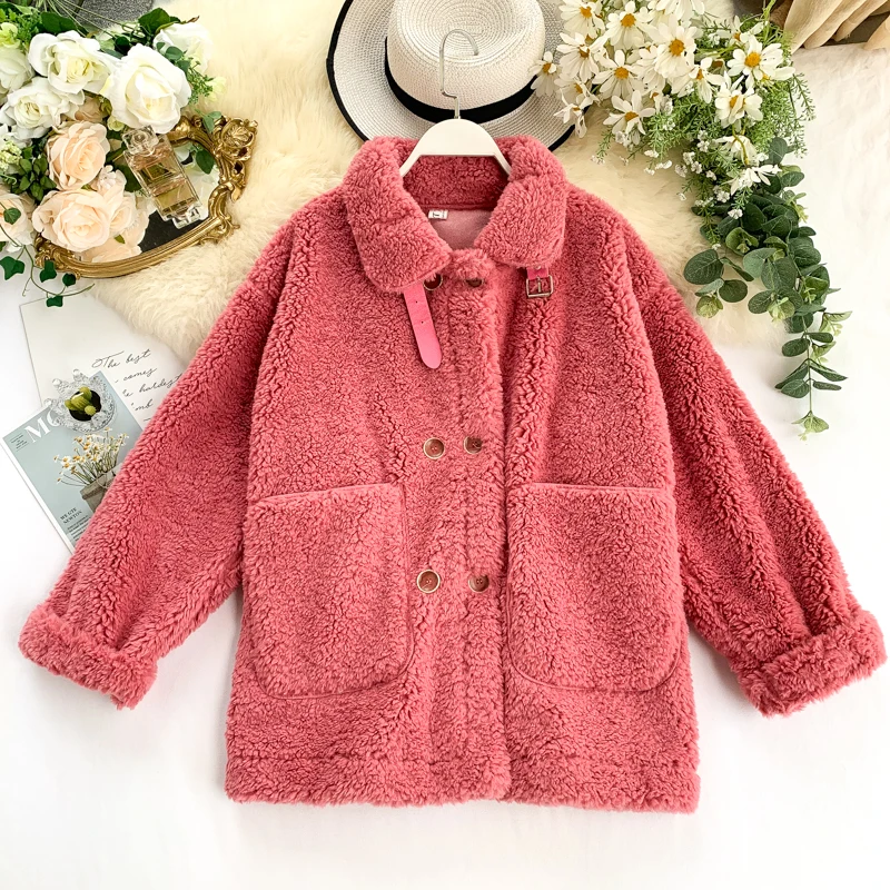 Winter Women Fashion Loose Long Sleeve Velvet Oversize Coat Female Casual Fur Grass Large Pocket Sheep Shearing Coat Outwear