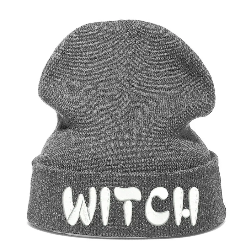 Beanie шляпа Skullie шапка, вязаная шапка-носок зима-осень вышивка в стиле панк Для мужчин Для женщин подростков уличных танцев забавные хип-хоп-ведьма - Цвет: Серый