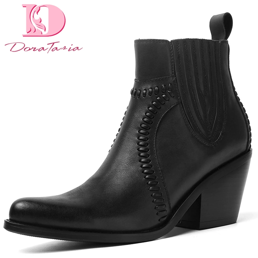 

Doratasia Brand New 2020 Genuine Cow Leather hot sale Spring Autumn Shoes Woman Boots Slip On Hoof Heels Ankle Boots Women Shoes