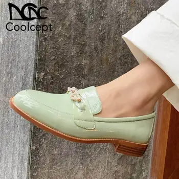 

CoolCept Women Flats Shoes Genuine Leather Metal Description Casual Shoes Women Round Toe Loafers Party Footwear Size 33-40