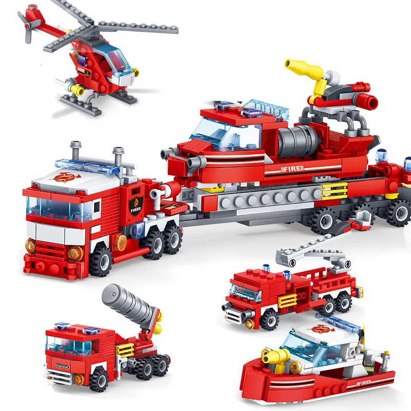 348pcs Fire Fighting Car Helicopter Boat Building Blocks 4in1 Trucks Compatible Classic city Firefighter figures Christmas Toys | Игрушки и