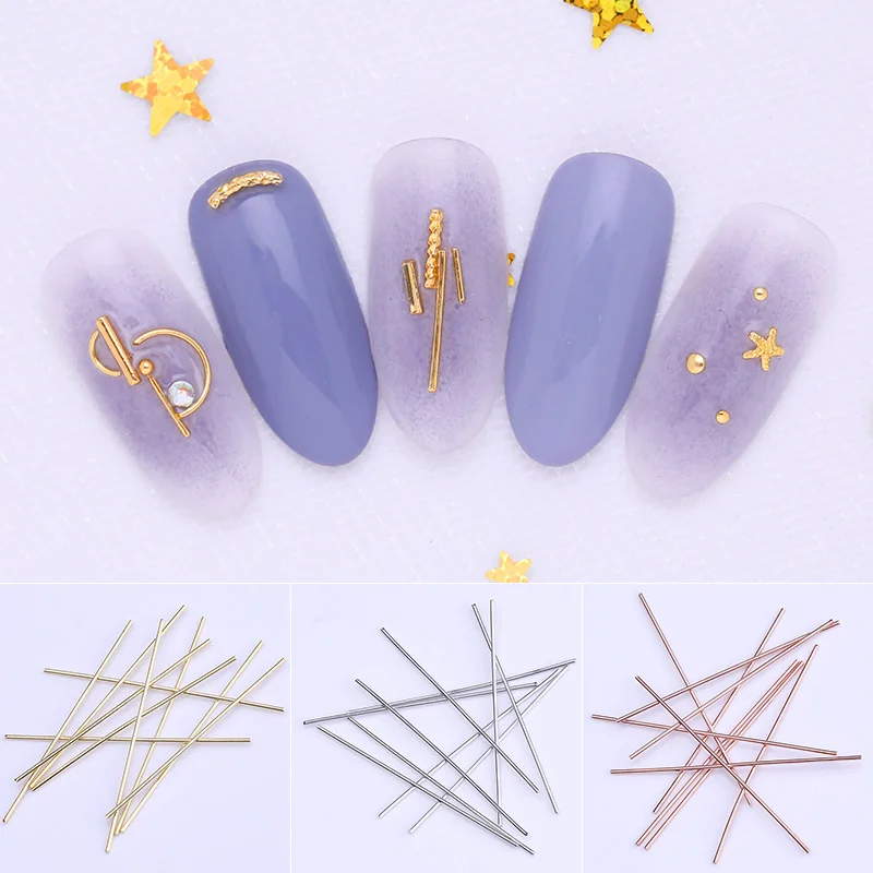 

10PCS/Bag Metal Gold Sliver Nail Decorations Thin Stick Length 3cm Mixed 3 Colors 3D Nail Art DIY Designs Accessories