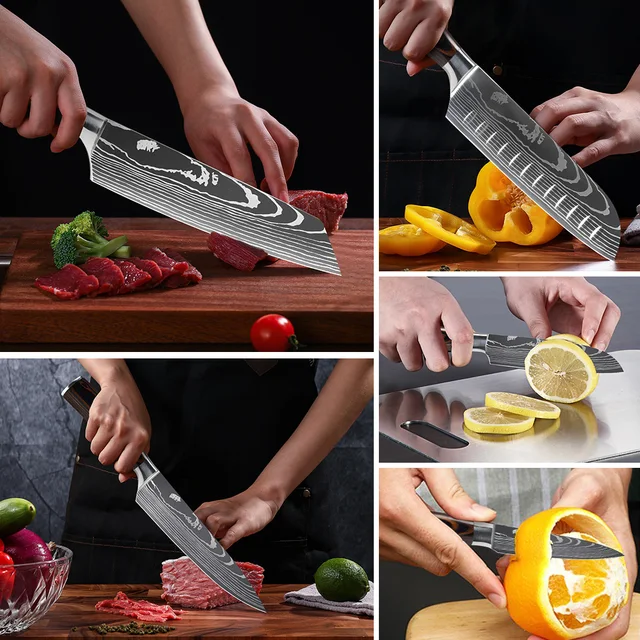 Kitchen Knives Stainless Steel 1-10PCS Set 7CR17 440C Laser Damascus Japanese Santoku Cleaver Slicing Utility Chef Knife 6