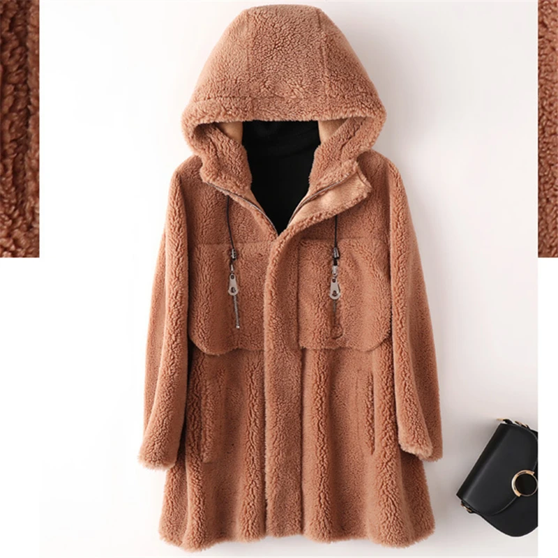 Женское меховое пальто средней длины новинка зима 2019 шерстяное с капюшоном
