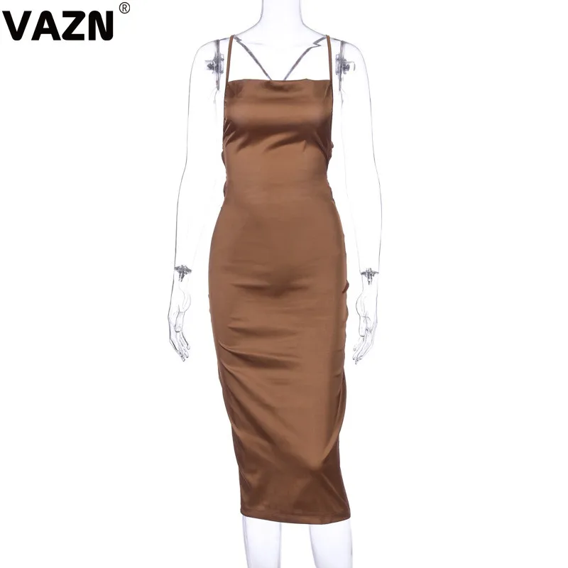 VAZN, Новое поступление, выдалбливают, сексуальные, открытые, модные, одноцветные, Холтер, открытая спина, без рукавов, для женщин, высокая талия, тонкое, миди платье - Цвет: Коричневый
