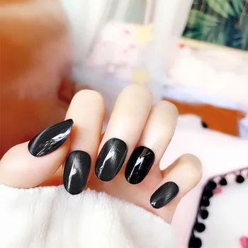 

24pcs/box with 2g glue designed Glitter False Nails press on Popular Black Pretty Cat Eye Beauty Artificial Nail tips Stickers