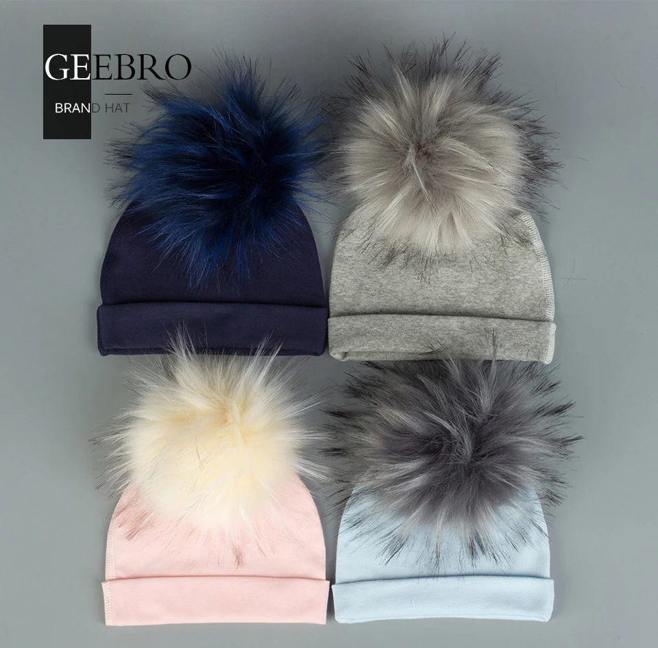 Geebro/теплые зимние шапки для новорожденных девочек и мальчиков с помпонами, меховые шарики, фланцевые шапочки для малышей, Детские Кепки из хлопка, шапка DK937
