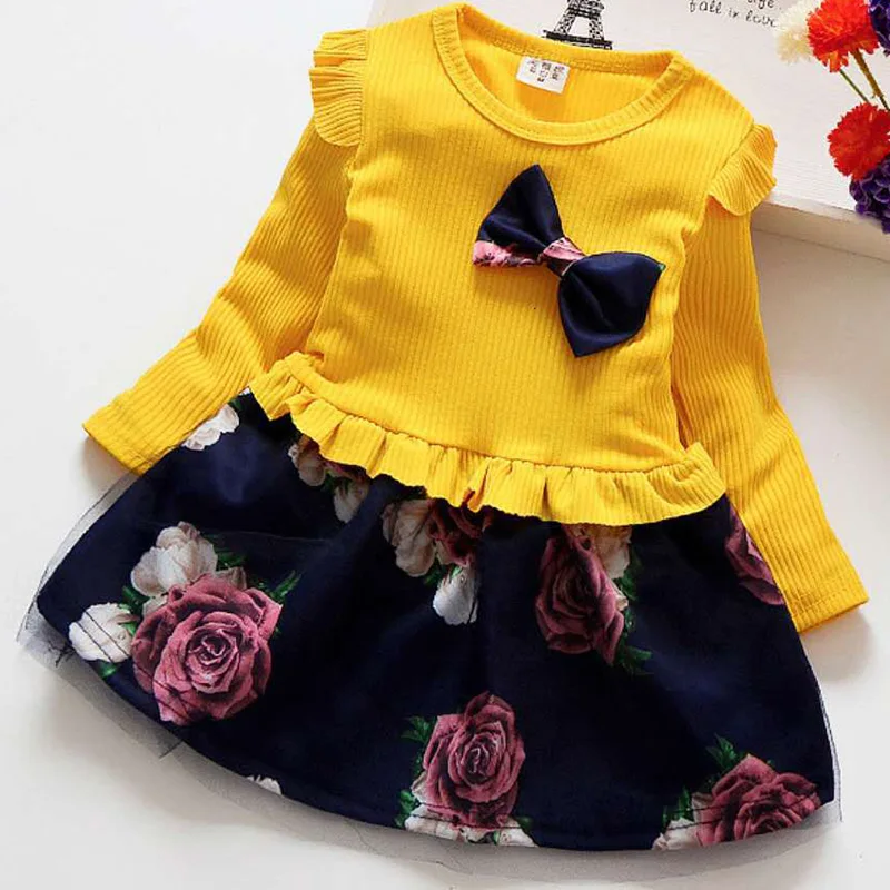 

Spring Autumn Toddler Girl Dress Cotton Long Sleeve Toddler Dress Floral Bow Kids Dresses for Girls Fashion Girls Clothing