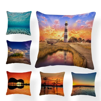 

Beautiful Landscape Photo Pillowcase Weed Lake Reflection Ocean Lighthouse Sofa Decoration Cushion Cover Polyester Linen Pillow