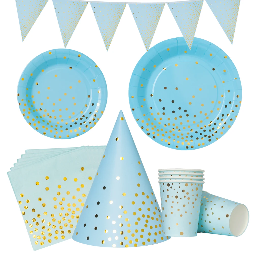 

Sky ocean blue Gold Dot Party Disposable Tableware Cup Plate napkin hat 1st Birthday Party Decor Kids Baby Shower Party Supplies