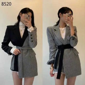 

Women Fashion Elegant Plaid Blazer Jackets Asymmetry Bandage Vintage Suit Coats Patchwork Color Matching Irregular Women Blazer