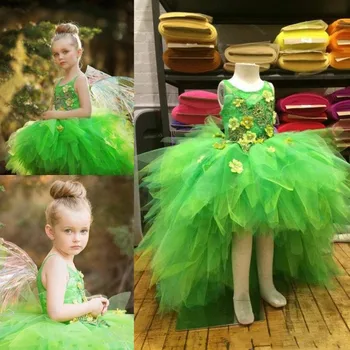 

SexeMara Green High Low Girls Pageant Gowns Colorful Flora Appliques Tulle Flower Girl Dresses For Wedding Tiered Custom Made