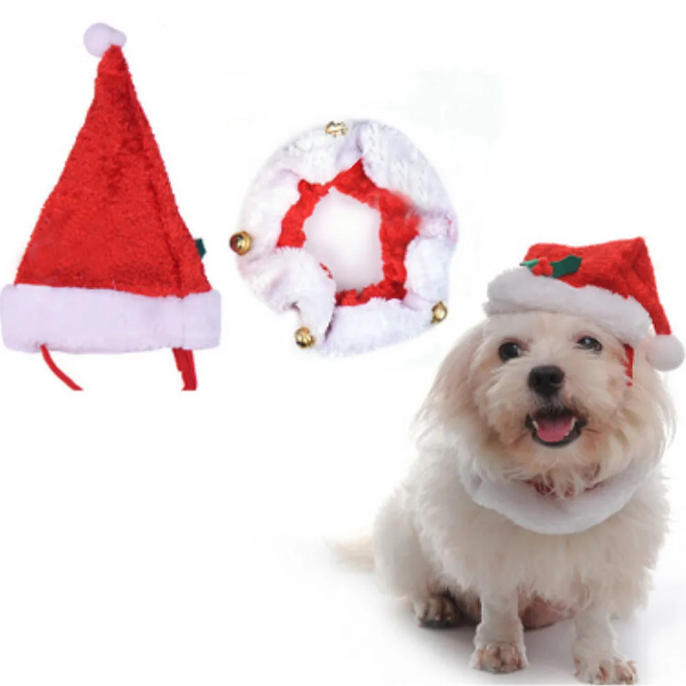 2Pcs Set Christmas Pet Hat Dog Cat Cap Xmas Santa Hat And Collar With Bells Christmas dog hats for pets winter 10.17