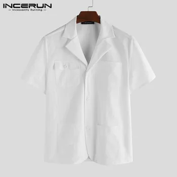 

INCERUN Solid Color Men Shirt Lapel Multi-pockets Casual Short Sleeve Tops Baggy Button Breathable Men Cargo Shirts Chemise 2020