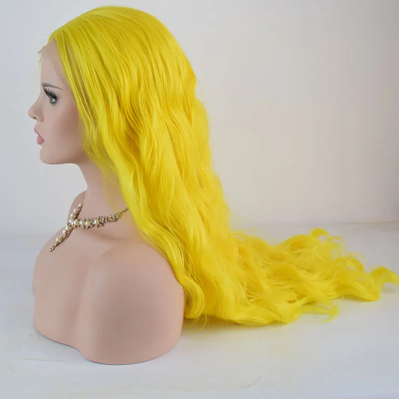 BM синтетический 13*3 парик фронта шнурка Glueless ярко-желтый волна воды термостойкие волокна волос средний пробор для женщин парики на каждый день