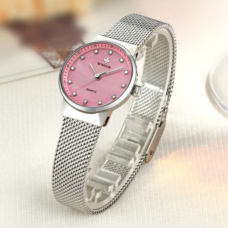 Женские розовые часы Reloj Mujer WWOOR модные под платье известного бренда класса люкс