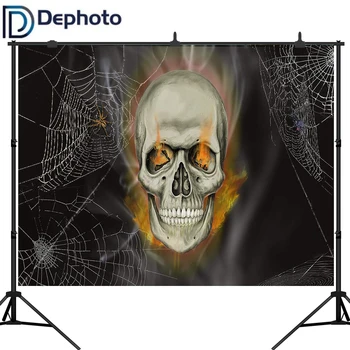 

Dephoto Scary Skull Photography Background Spider Web Flame Gloomy Gothic Style Backdrop Halloween Portrait Photo Studio Props