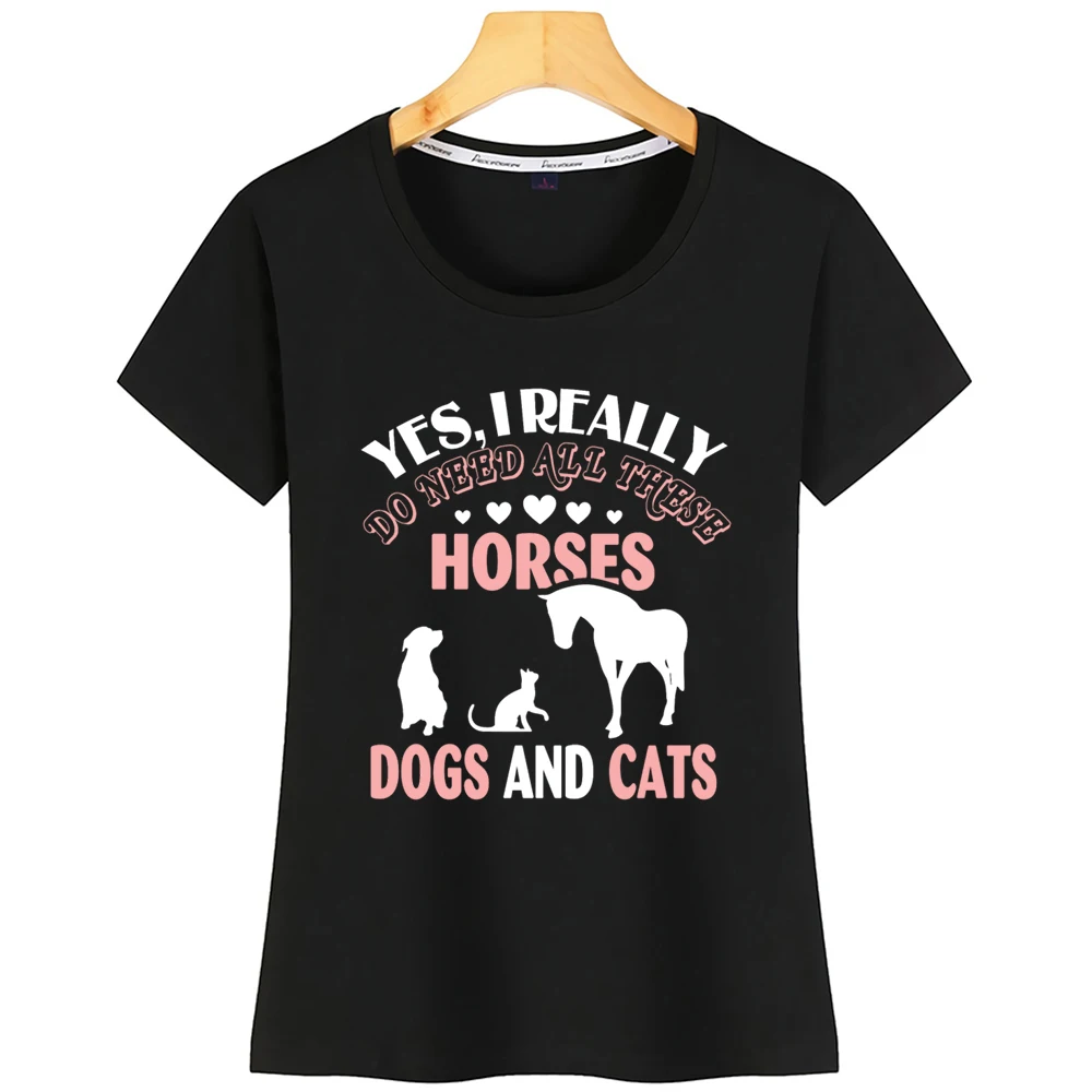 Tops T Shirt Women Horses Dogs And Cats Comic Black Print Female |