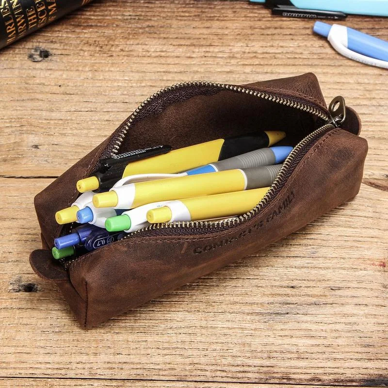 

Retro Leather Pencil Case Big Capacity Business Pencil Case For Kids Zipper Pen Bag School Office Stationery Case Glasses Bag
