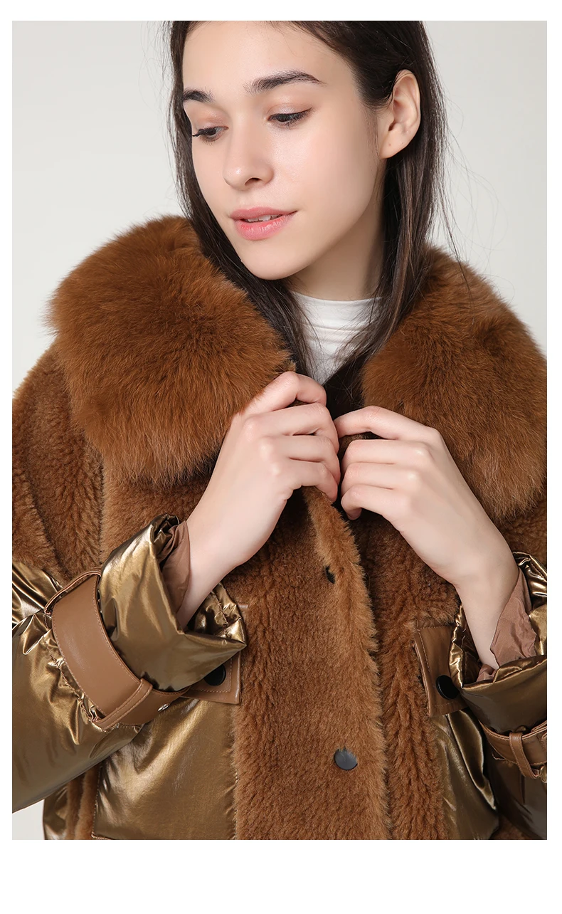 PTSLAN Women's Real Wool Fur Jacket Duck Down Coat Hooded New fashion