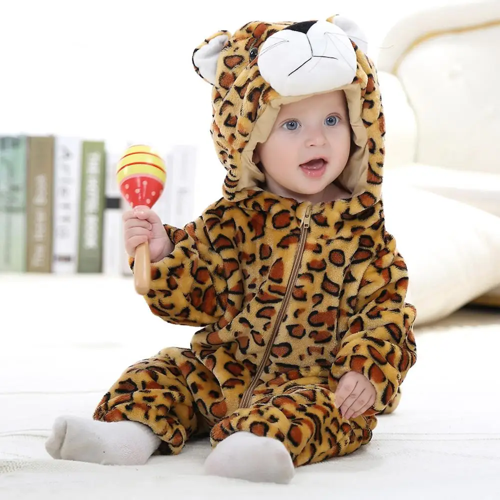 leopard Детский комбинезон с длинными рукавами; Детские фланелевые теплые пижамы; милые комбинезоны с маленькими животными; сезон осень-зима; детский домашний комбинезон - Цвет: leopard