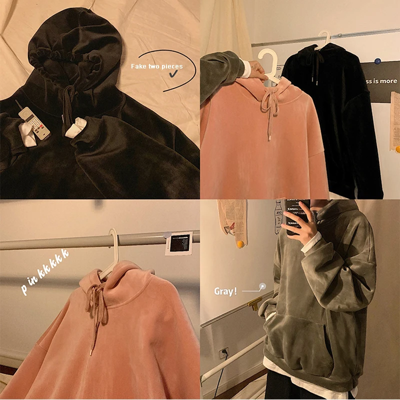 Мужские толстовки в стиле Харадзюку зимняя однотонная бархатная толстовка с