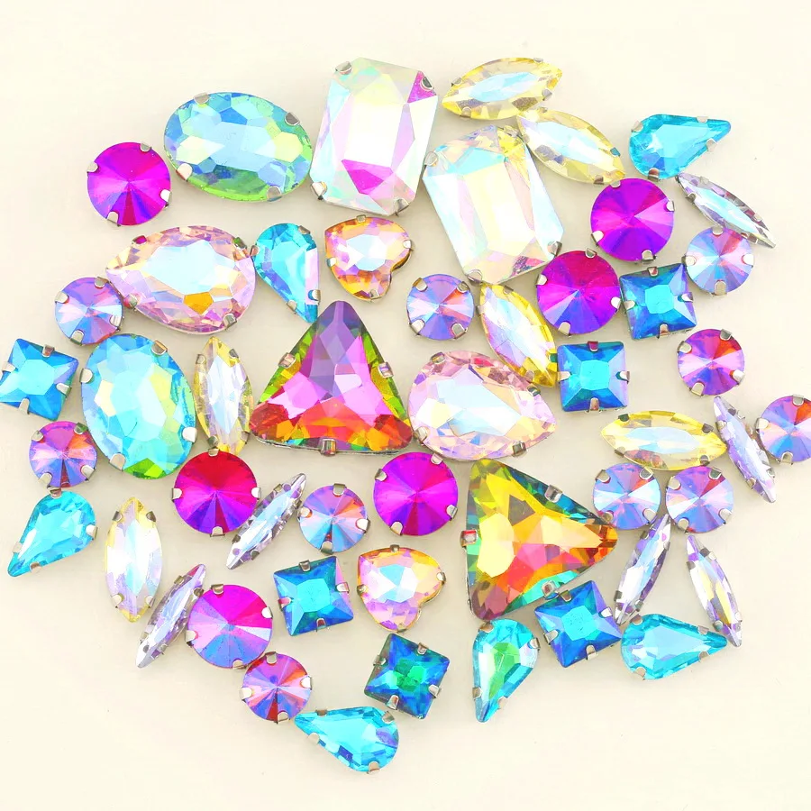 Silver Claw Setting Crystal Rhinestones - 50pcs Mixed Shapes, Clear & Jelly Candy AB