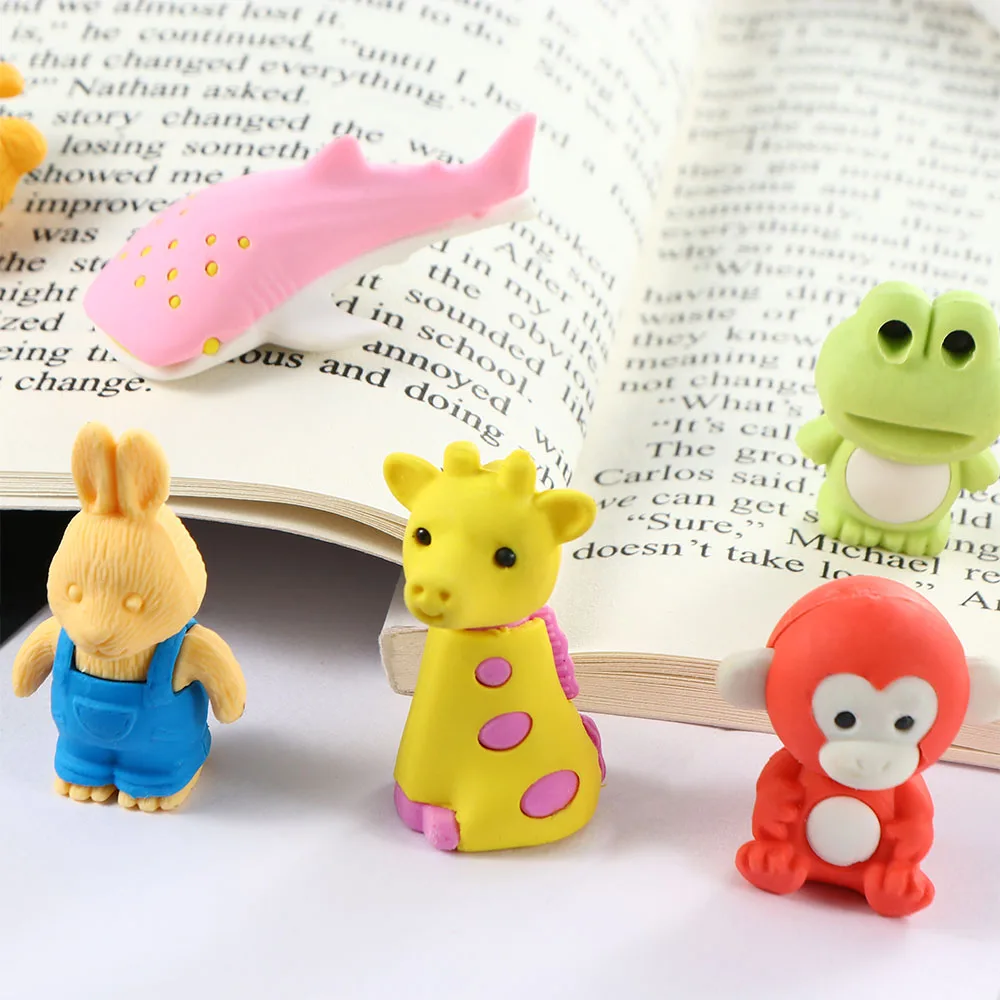 10Pcs Cute Animal Shaped Erasers Cartoon Design Eraser Stationery Collections 