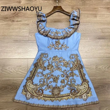 

ZIWWSHAOYU Summer Women Square Collar Open Back Mini Dress Fashion Designer Ladies Ruffles Print Vintage Short Dresses Vestidos