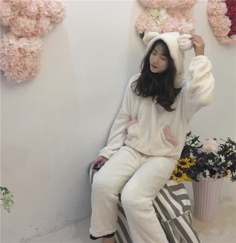 

thicken warm winter pajamas set women home clothes 2 piece set coral fleece bear cute home suit sleepwear set hooded tops Y211