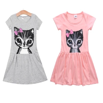 

1-8Years Short sleeve Cat printed Dress for Toddler Kids Baby Girls Ruffle Dresses summer casual clothes