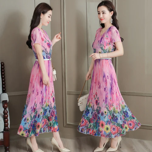 

2019 Spring Summer Fashion Printed Chiffon Women Dress New Style Short Sleeve V-neck Designs Female Elegant Temperament Dresses