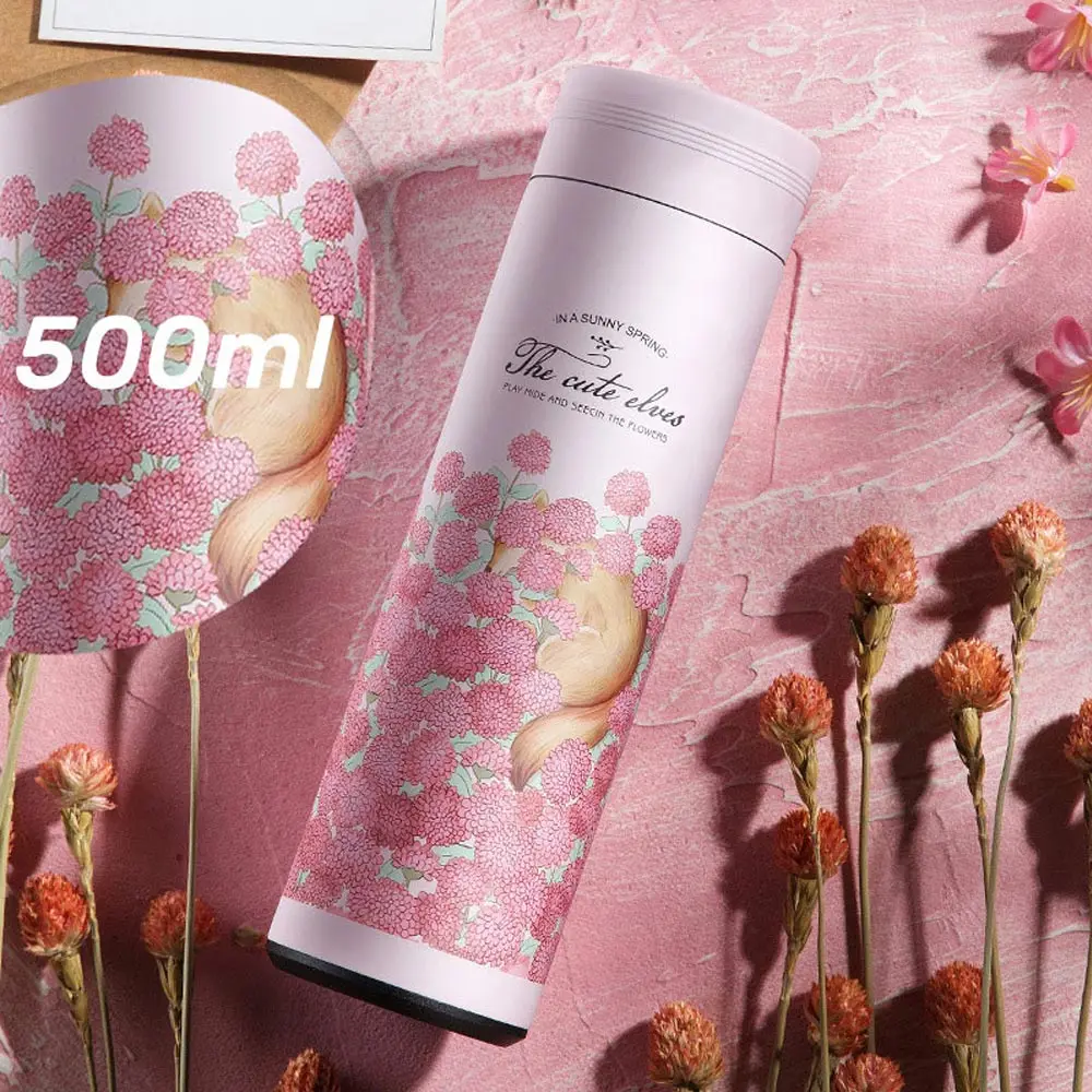 Pink Flowers 500 мл Короткая Стильная мода термос чашка 304 нержавеющая сталь 17 унций портативные бутылки для воды для повседневной жизни на открытом воздухе путешествия Настраиваемые - Цвет: Pink Flowers