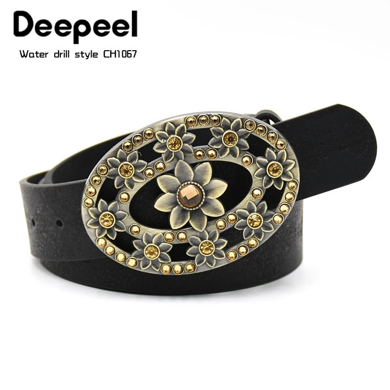 Deepeel/1 шт., 3,5*115 см, модные, Ретро стиль, женские Стразы, гладкая пряжка, ремень, искусственная кожа, цветочный принт, дикие декоративные, женский ремень