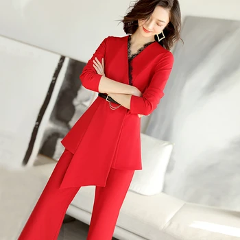 

2020 spring new red asymmetric V-neck women's two-piece red stitching wide-leg pants suit