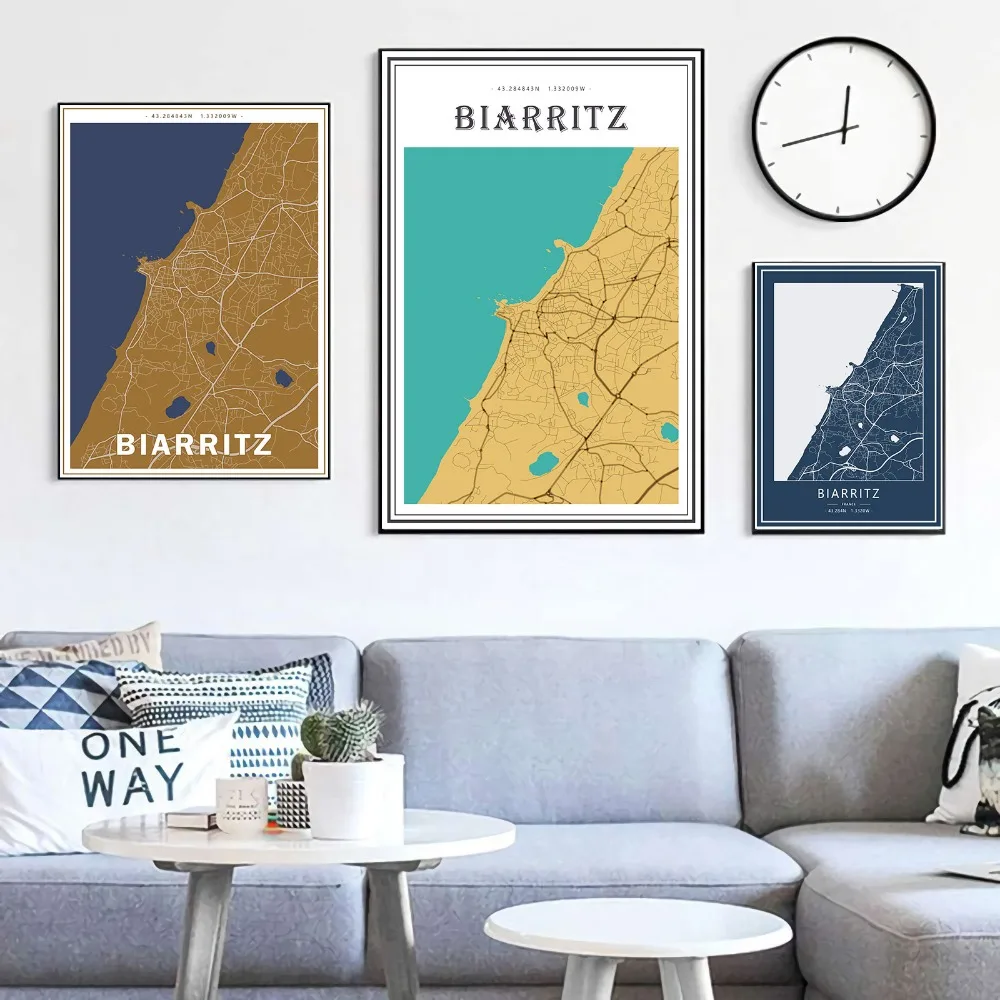 France-Biarritz-Rainbow-City-Maps-Canvas-Paintings-Colorful-Map-Vintage-Kraft-Posters-Coated-Art-Prints-Home