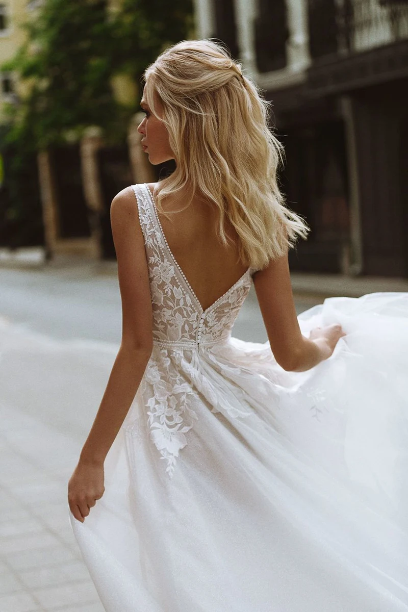 Eightale Boho Wedding Dresses V-Neck Appliques Lace A-Line Tulle Wedding Gown Beach Simple Bridal Dress bestidos de novia 2020