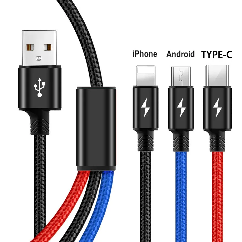 

2019 Most Fire 3 In 1 Convenient Multi-select USB Cable C-type Charging Cable for IPhone X Samsung S9Micro USB Charging Cable