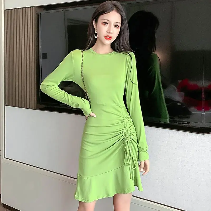 

2020 Fashion Spring New Preppy Style Dresses Bodycon O-neck Sexy Dress Long Sleeve Mini Korea Dress