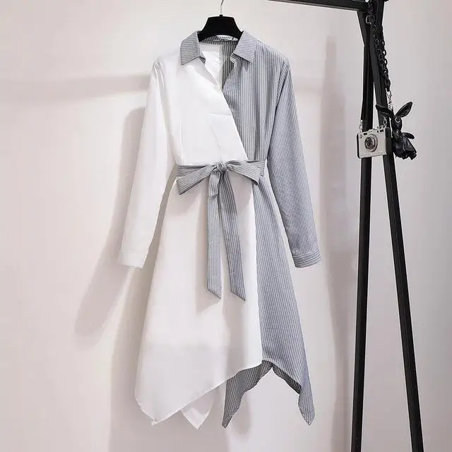 2XL-6XL женское осеннее платье большого размера повседневное Полосатое лоскутное платье с длинными рукавами 5XL Большие размеры; для офиса дамское необычное платье - Цвет: white