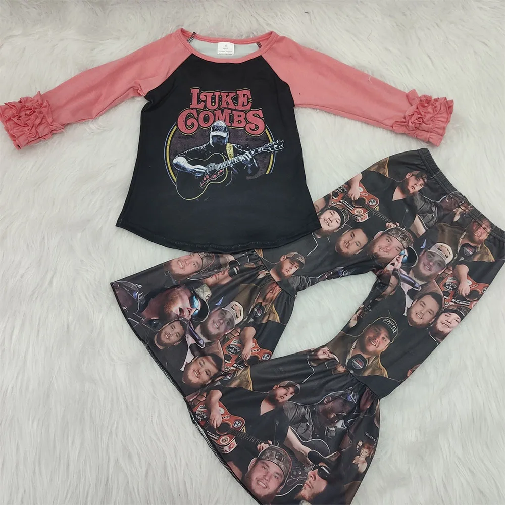 

Free shipping toddler baby girl new fashion ruffle sleeves top matches full printed pant clothes