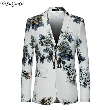 

New 2020 autumn europe and america style fashion 3d big flower print white slim fit long sleeve blazer men men's clothing XF31