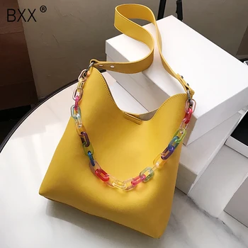 

[BXX] Solid Color PU Leather Bucket Bags For Women 2020 Fashion Chain Shoulder Crossbody Bag Female Handbags and Purse HM061