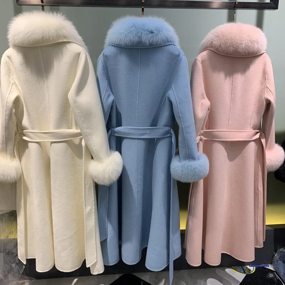 JAZZEVAR-Women's Elegant Winter Coat, Natural Fox Fur Jacket, X-Long Cashmere, Double-faced Wool Outerwear, Ladies Coats, Luxuri