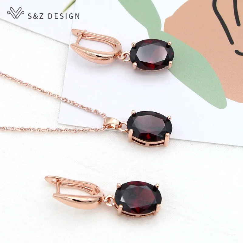 S&Z DESIGN Fashion Oval Cubic Zirconia Dangle Earrings Pendant Necklace Jewelry Sets For Women Girl Wedding Party Gift