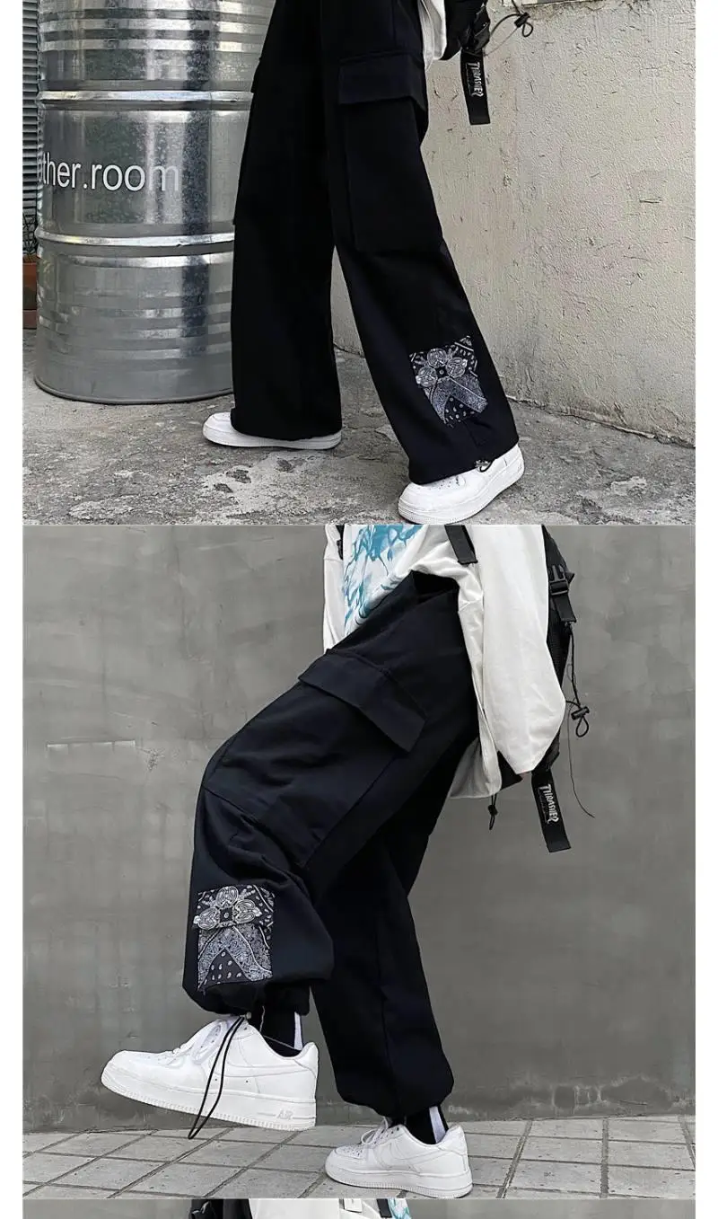 Pantalones deportivos con múltiples bolsillos para mujer, peto holgado e  informal con estampado de rosa y negro, estilo Hip Hop, estilo retro -  AliExpress