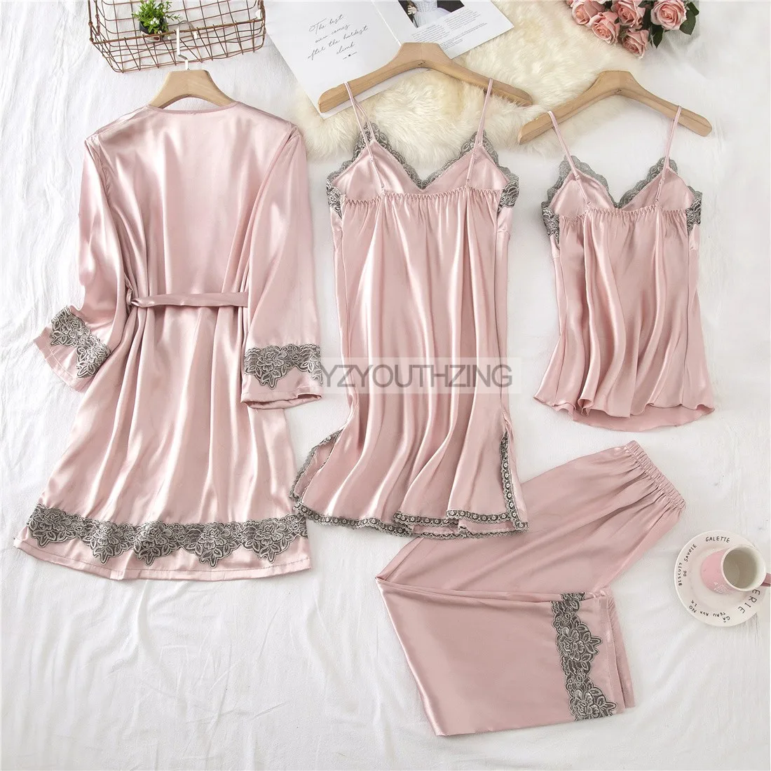 sexy sleepwear for women Lace PJ's Women Pajamas Suit Satin Sexy Sleepwear Summer Pyjamas With Trousers Nightgown V-Neck Kimono Robe Gown Set Lingerie silk pajamas for women