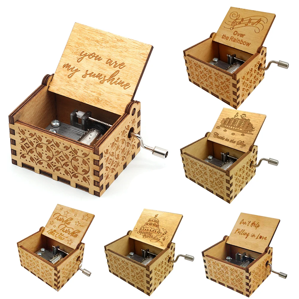 Mini Cute Drop Shopping Antique Wooden Carved Music Box Hand-Cranked Birthday/Christmas Gift |